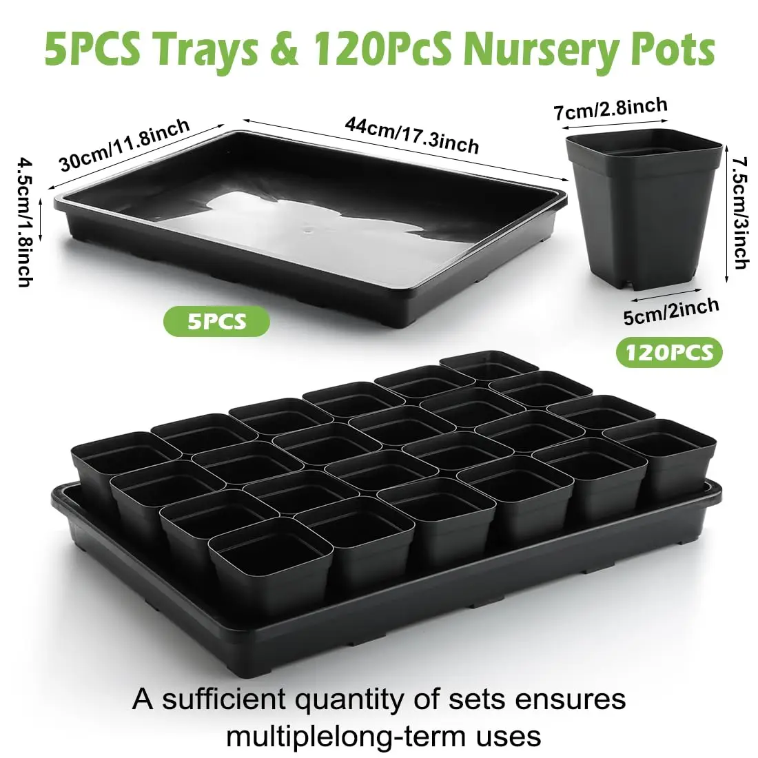 RooTrimmer 2.8 Inch (7CM) Square Nursery Pots 120pcs with 5 Pack Seed Starter Trays, Durable Plastic Flat Seedling Tray