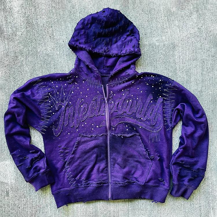 Salati Manufacturer Men Custom 400 GSM Diamond Zipper Boxy Fit Sun Faded Distressed Embroidery Acid Wash Hoodies With Rhinestone gallery 2