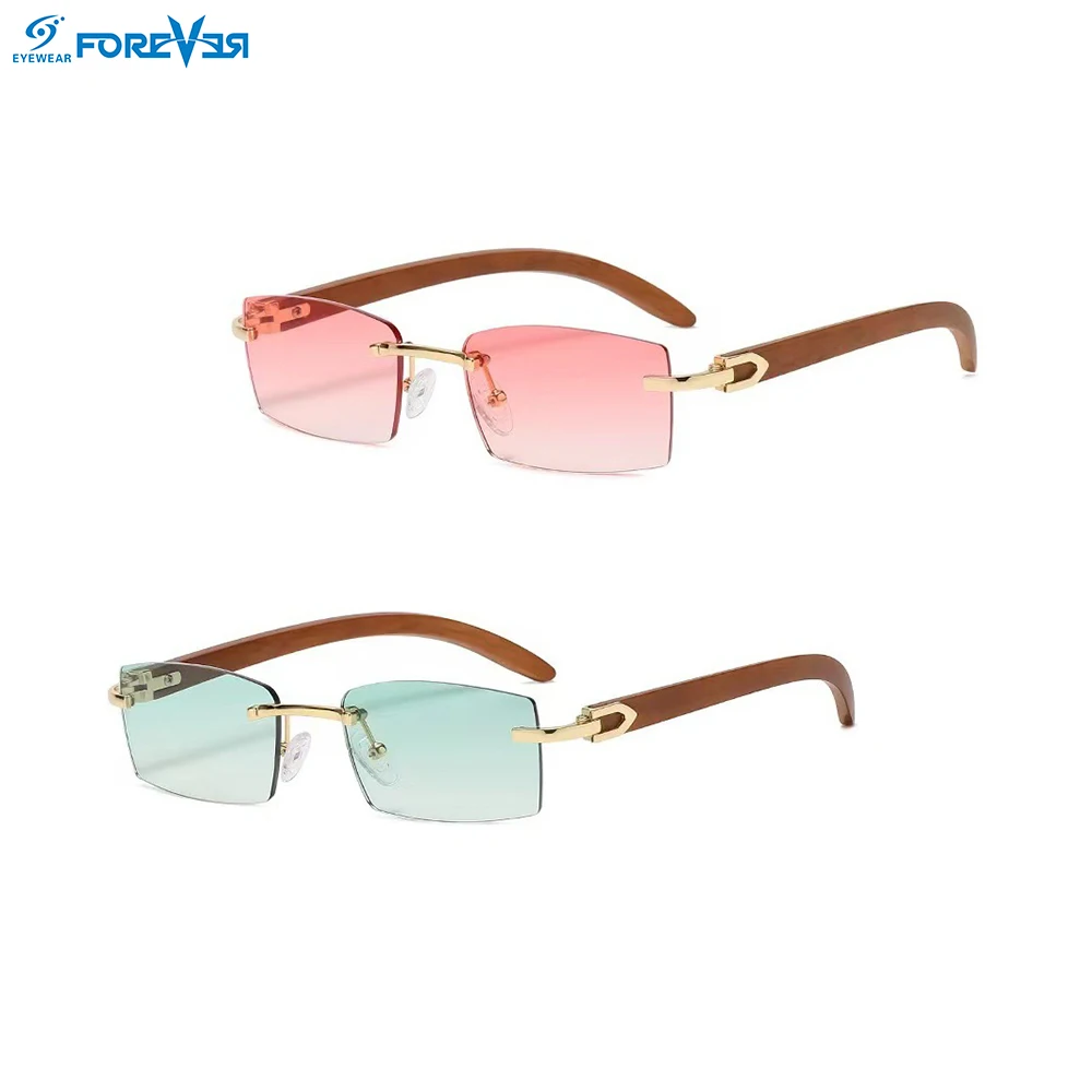 2024 New Stylish Custom Logo Designer Luxury Mens Shades Small Frame Rectangle Rimless Sunglasses Wooden Sunglasses Men