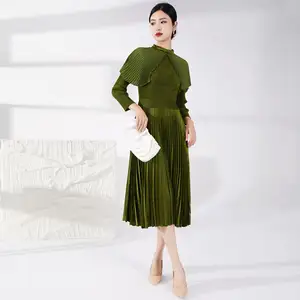 High Quality Long Sleeve Pleated Dress Shiny Velvet Fabric European and American Women's Fashion Casual Style Evening Dress