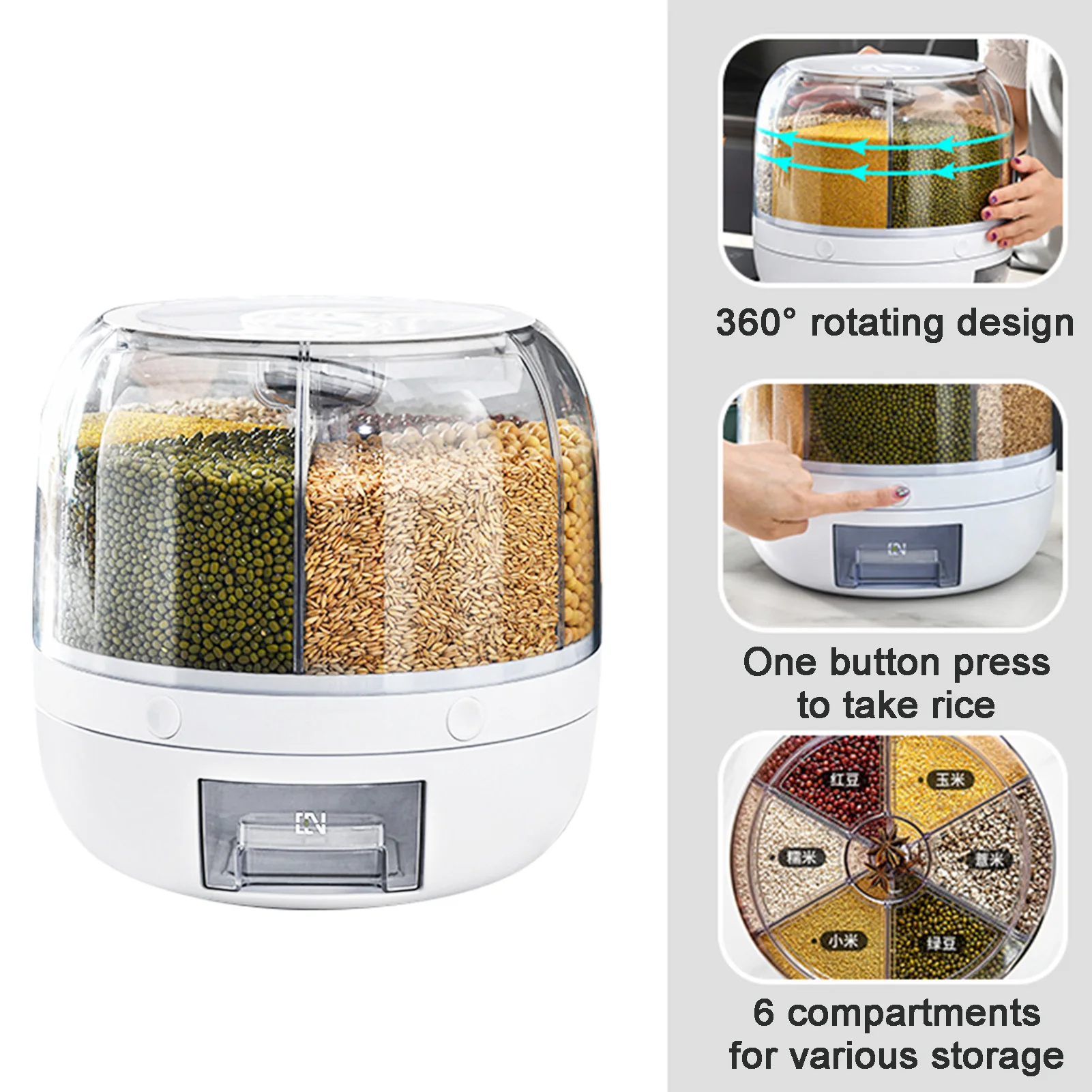 Kitchen Moisture-proof 6-Grid Rotatable White Food Grain Dispenser Cereal Rice Dispenser Storage Box Container supplier