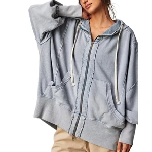 Female Fashionable Terry Sweatshirt Cardigan Vintage Acid Washed Dropped Sleeves Oversized Hoodie Raw Seaming Front Zip Hoody