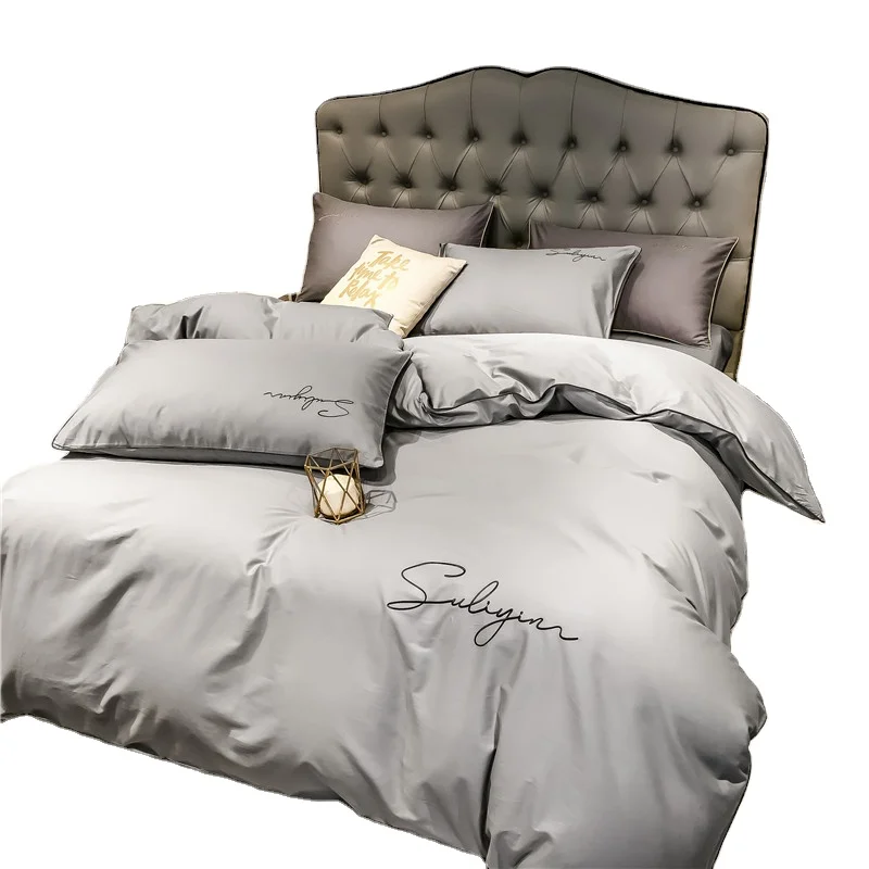 Роскошь свет 60S однотонный комплект из 4 предметов; 100% хлопок вышитые постельные принадлежности двуспальная кровать простыни одеяло постельного белья; Шапка; Комплект