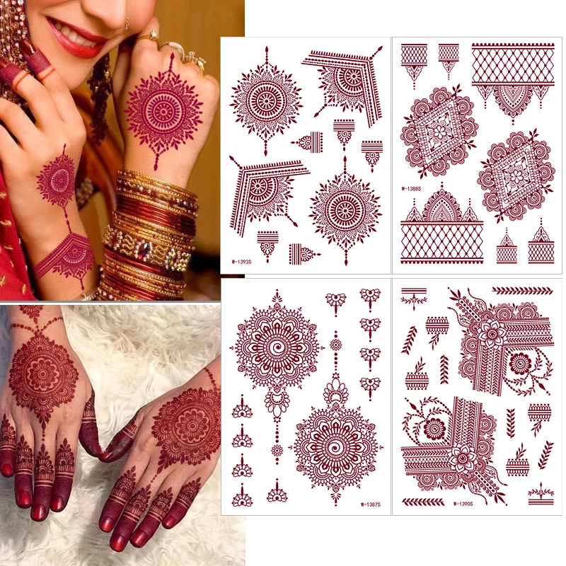 Benutzerdefiniertes Wassertransferdruck Rot Tinte Bunt Spitze Rote Henna-Tätowierung Temporärer Aufkleber für Hände