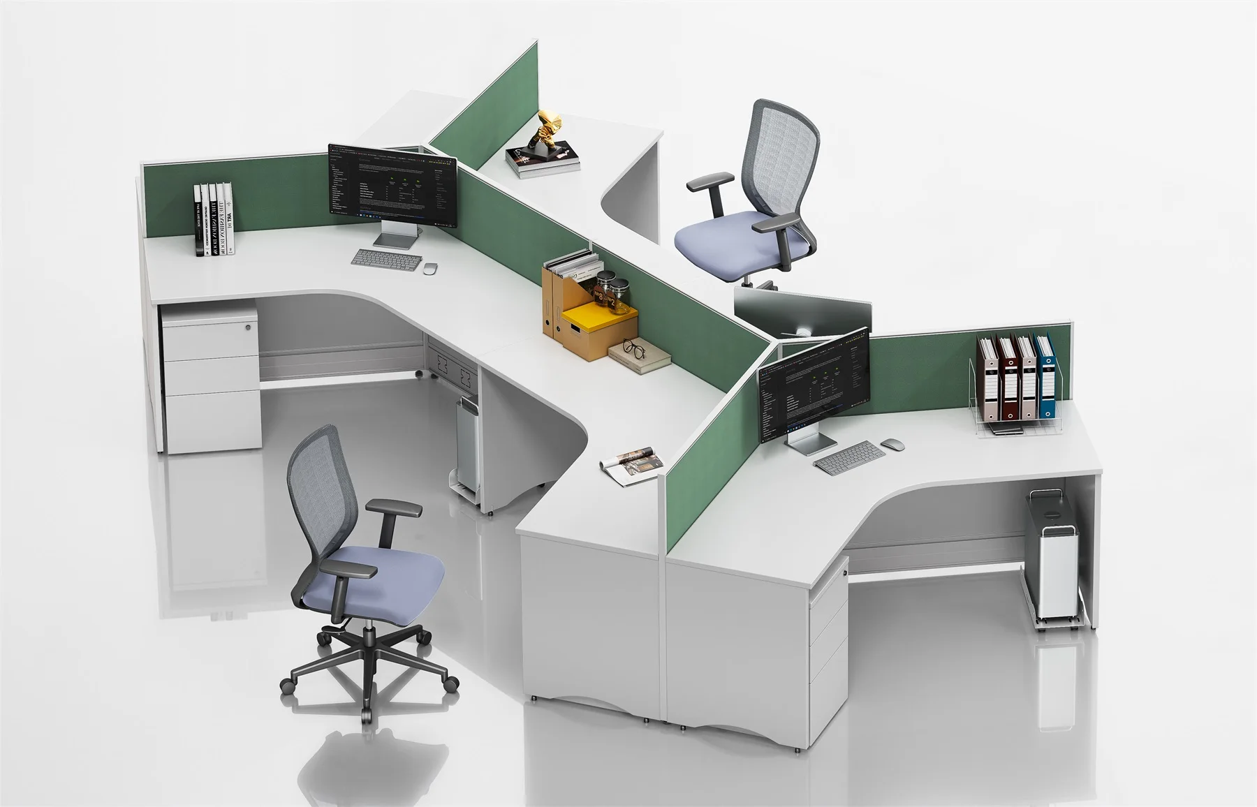 Modular 3/6 Person Office Workstations With Y-Shape Partitions Connection Commercial Furniture Cubicles Panel Wood Style Desk