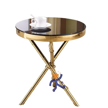 Round Gold Electroplated Stainless Steel Leg Side Coffee Table Living Room Modern French Vintage Round Glass Top Side Table