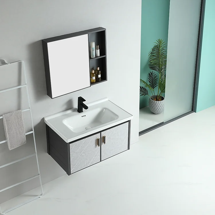 Modern hotel bathroom furniture aluminum cabinet single sink floating wall mounted mirror hanging bathroom vanity manufacture