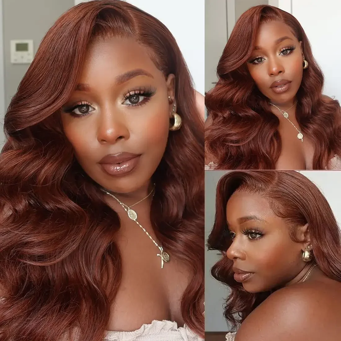 Rötlich Braune Body Wave Echthaar Lace Front Perücke Glueless_voghion.com