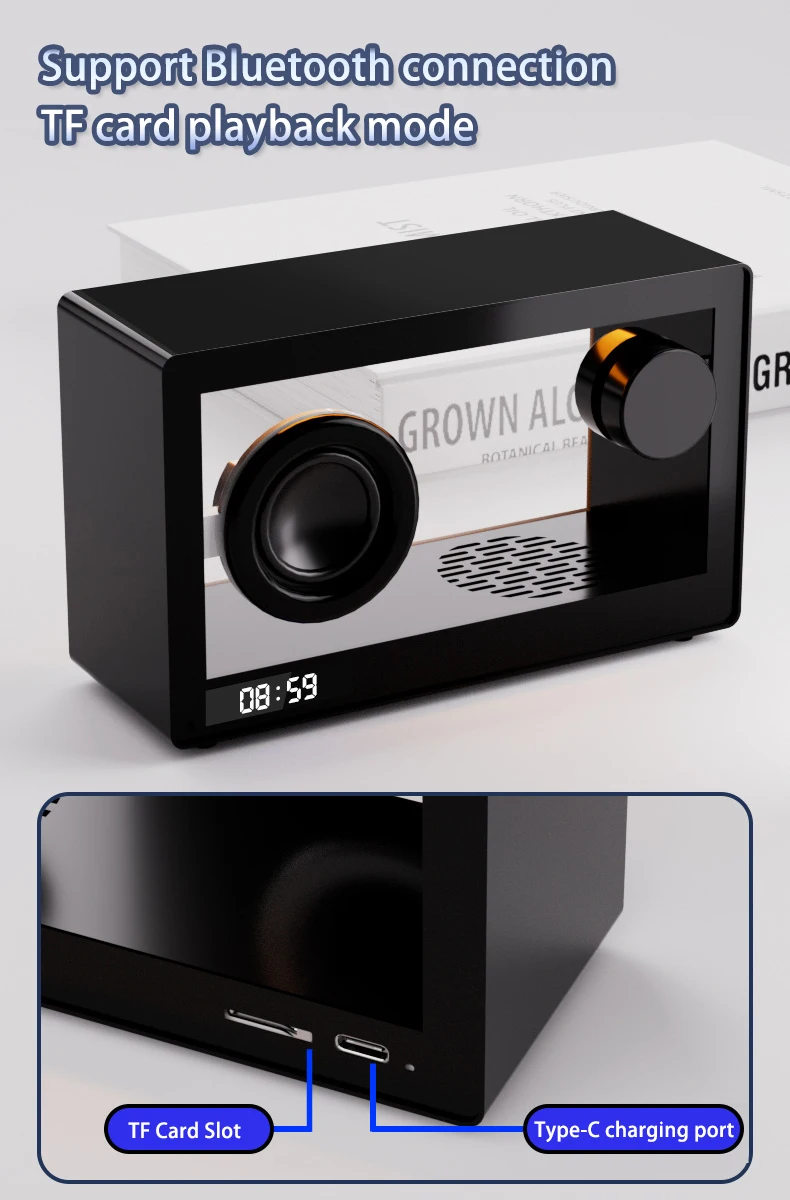 Factory Directly Supply DC5V 800mAh Classic Model Transparent Wireless Bluetooth Speaker with LED clock Display TF Card Playback