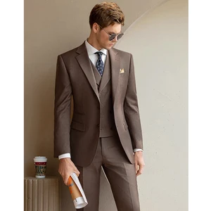 Men's 3-Piece Business Formal Suit with Two-Button Flat Lapel Trousers Waistcoat Breathable Outerwear