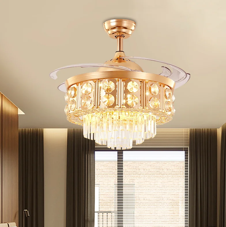 LED invisible modern crystal ceiling fan with light fixtures fan chandelier dining room decoration fan lighting