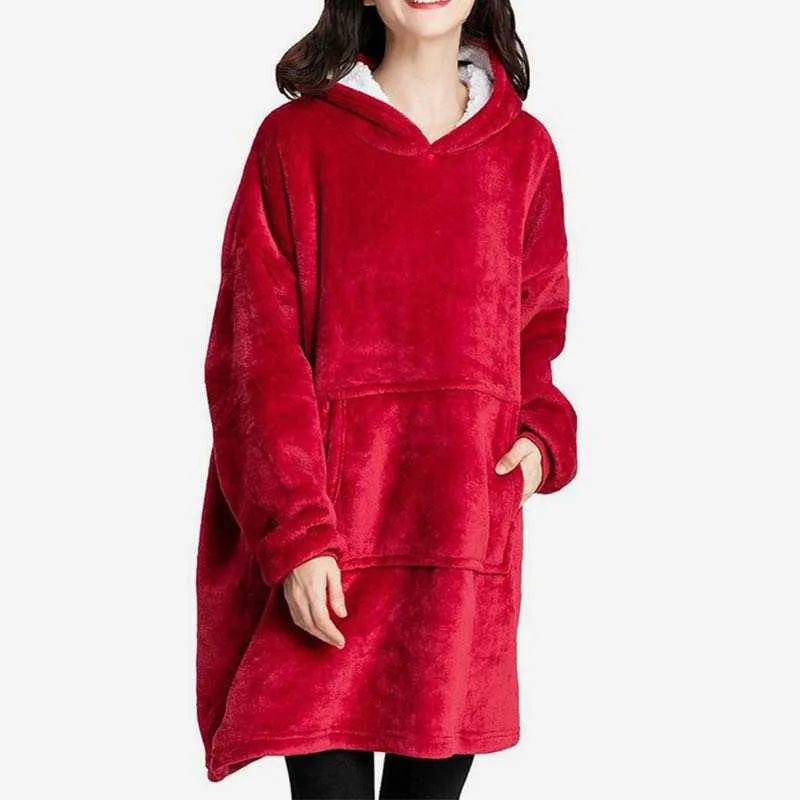 One Piece Hoodie Outdoor Warm Sweatshirt Blanket Microfiber Plush Fleece Sherpa Sleeves Super Soft Adult  Hoodie