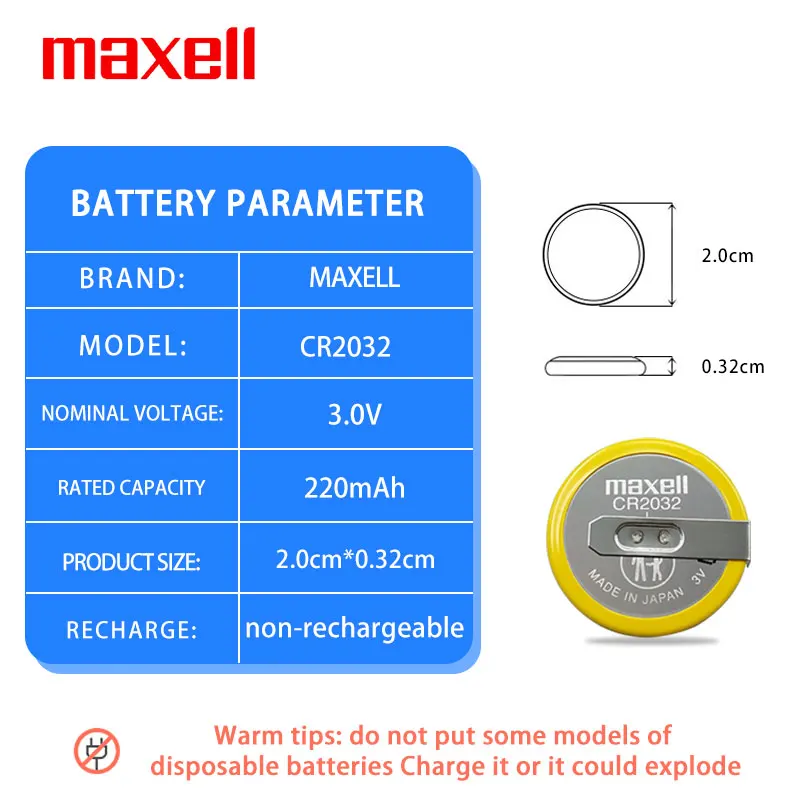 MAXELL CR2032 3V Button Battery with Solder Legs Is Suitable for Computer Smart Devices PLC Motherboard