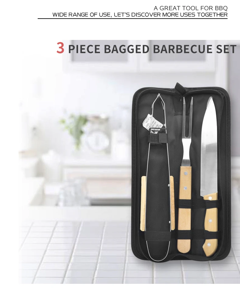 Portable Multi Function Camping 3 Pieces Barbecue Accessories Tools Wood Handle BBQ Outdoor Tool With Carry Bag