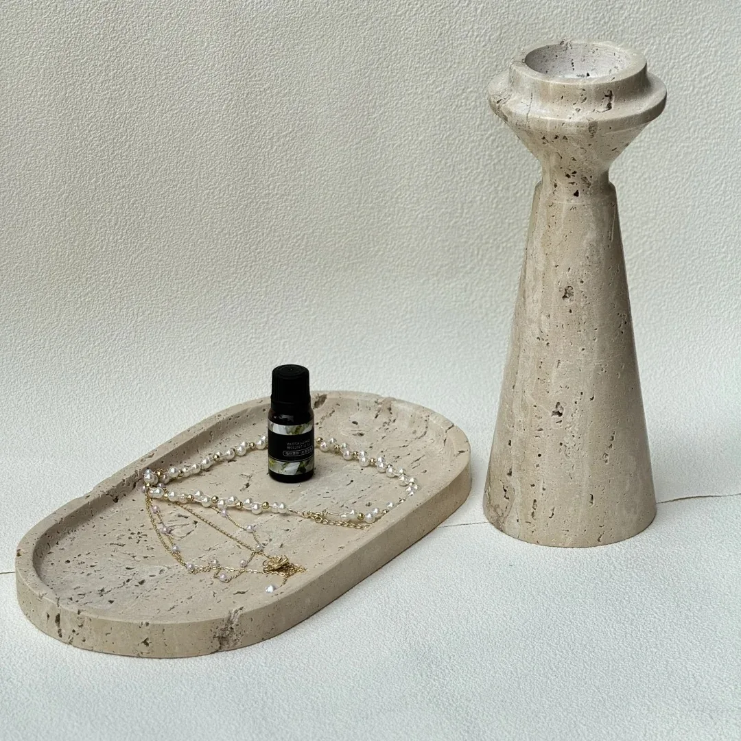Natural Stone Travertine Tray Indoor Tabletop Tea Tray Crafts Handmade Marble Travertine Craft