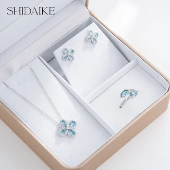 Luxurious Women's Gold Plated Copper Necklace Earrings Rings Set Colorful Diamond Zircon Fashion for Christmas Gifts