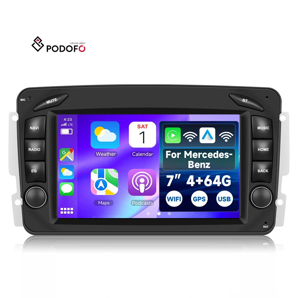 Podofo for Mercedes-benz CLK/E-Class/C-Class 7'' Android Car Radio 4+64 Wireless Carplay/Android Auto GPS/WiFi IPS Screen ODM A4597