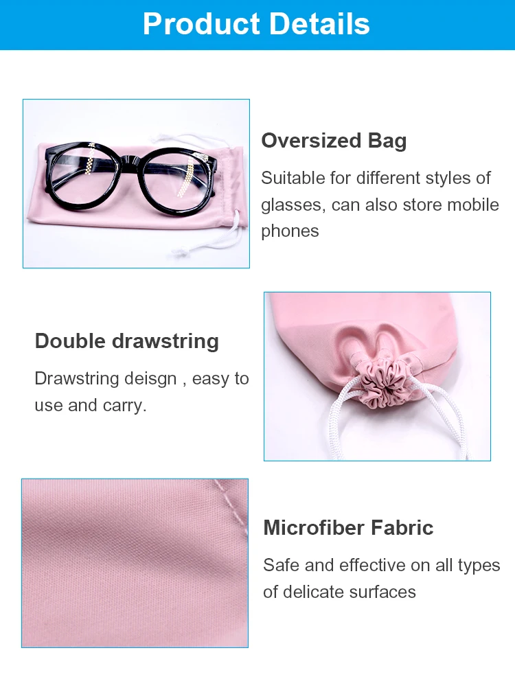 Wholesale Custom Microfiber Eyeglass Sunglasses Bag Pouch Soft Drawstring With More Colors Ready Goods details