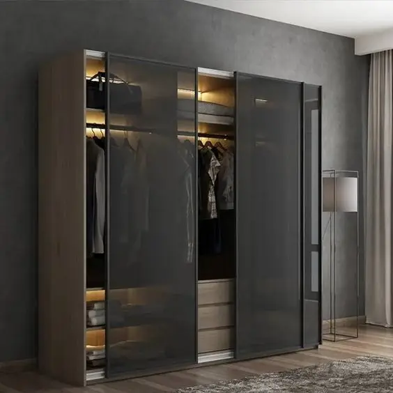 Hot Sales Custom Design Modern Dark Style Clothes Storage Sliding Door Wardrobe Wooden Closet