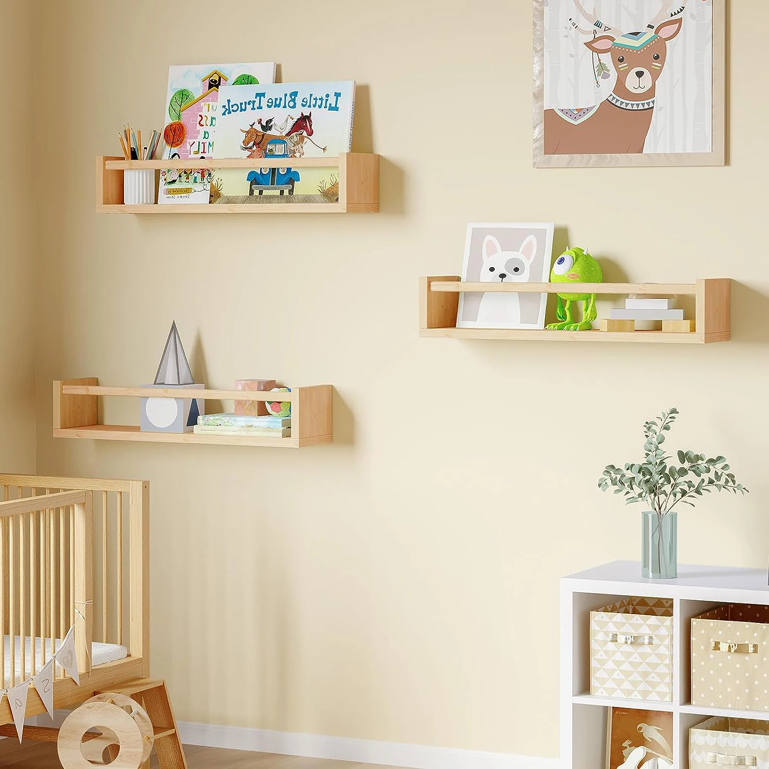 Set of 3 Nursery Shelves Floating Bookshelves Wood Wall Mounted Shelves Nursery Decor Solid for Wall Baby Carton Iron Customize