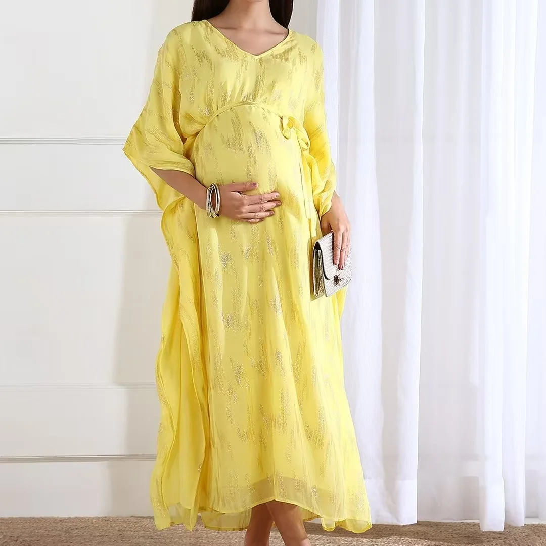 2025 Exquisite Printed Chiffon Maternity Dress Comfortable Loose Fit Tank  Long Sleeves Yellow Maternity Dresses Pregnant Women