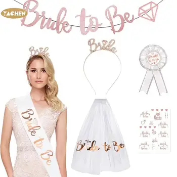 YACHEN Rose Gold Bride to Be Banner Bridal Shower Tiara Bride to Be Sash & Veil Bridal Shower Bachelorette Party Decorations Set