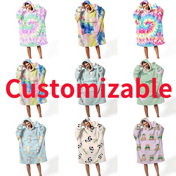Индивидуальный логотип, носимая флисовая пухлая блестящая гигантская толстовка с капюшоном, одеяло для детей и взрослых, шерпа большого размера с капюшоном