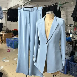 Oem Odm Custom Light Blue Slim Fit Professional Elegant Long Sleeved Commuting Suit Womens blazer Pants Set European Style