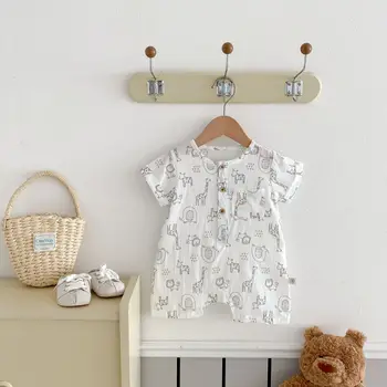 Boys' Romper Summer Ins Cute Cartoon Print One-Piece Crawling Suit 100% Cotton Short Sleeve Button Closure Thin Infant Clothes