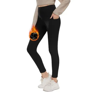 Women's High Waist Winter Leggings Jogger Pants Solid Color Thick Fleece Elastic Leg Trousers Warm Outwear With Logo at Waist