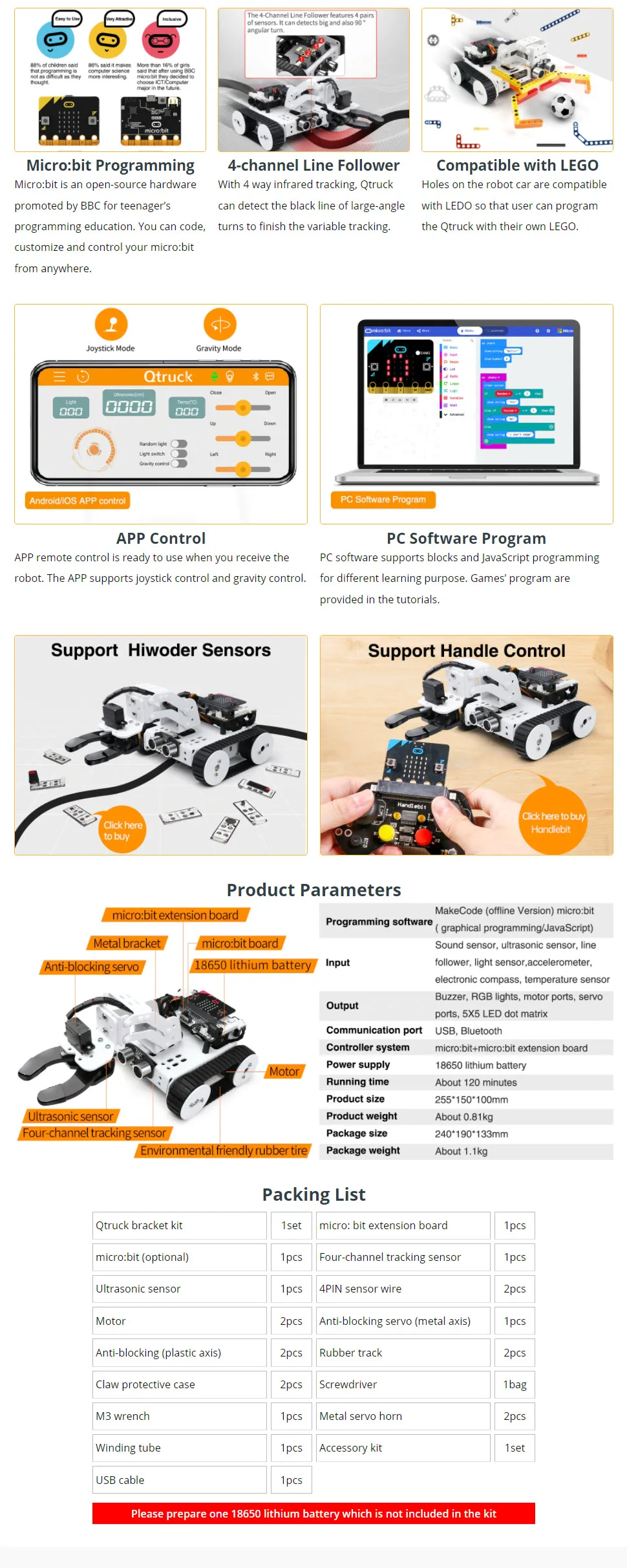 qtruck programmable educational robot: hiwonder micro:bit