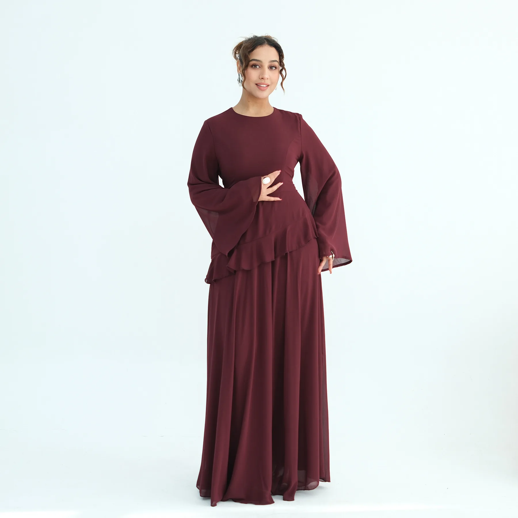 Modest Women Elegant Flare Sleeve Long Ruffled Dress Breathable Double-layered Pearl Chiffon Dress with Lining for Autumn Spring Modest Women Elegant Flare Sleeve Long Ruffled Dress Breathable Double-layered Pearl Chiffon Dress with Lining for Autumn Spring