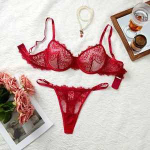 2026 Cross-Border Direct Sales: Russian Lingerie Lace Print Openwork Bra Ultra-Thin Sheer Thong Sexy Set