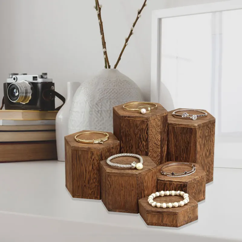 木製六角形ディスプレイ台6個セット、ジュエリーやアクセサリーの