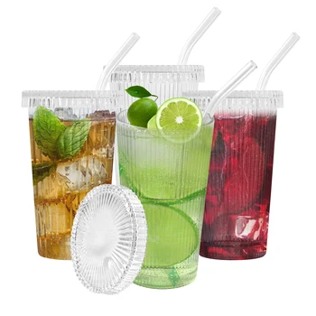 Free shipping USA warehouse 375ml beer drink vertical strip glass cup 4set/case