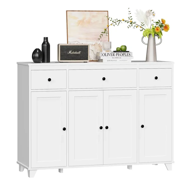High Quality Modern White Wood Living Room Storage Sideboard Cabinet with 4 Drawers & Doors