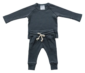 2022 100% Organic Rib Cotton blue Baby Clothes Set Kids Suit
