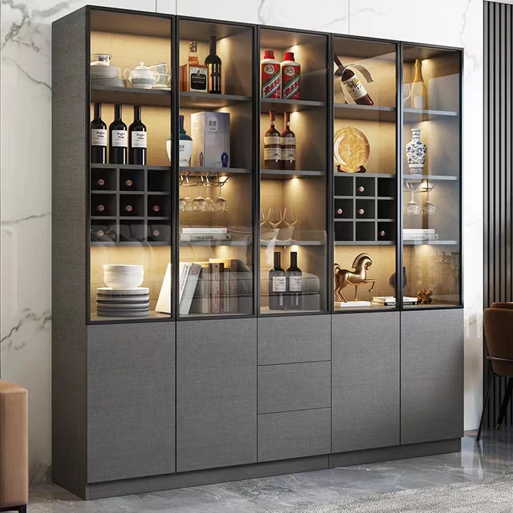 Custom Made Wooden Wall Mounted Glass Door Wine Bar Cabinets