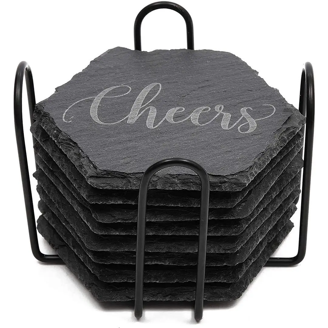 Wholesale Black Non-slip Engraving Drink Slate Stone Bulk Coasters Set ...