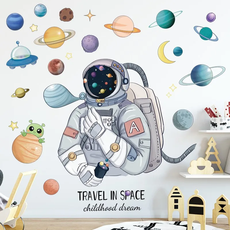 Space Astronaut Cartoon Wall Sticker Kids Room Decoration Bedroom Art Background