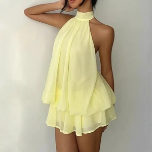 Simple Solid Color Women's Halter Slim Mini Dress Fashion Layered Summer Short Dresses Sexy Backless Hollow Birthday Party Dress