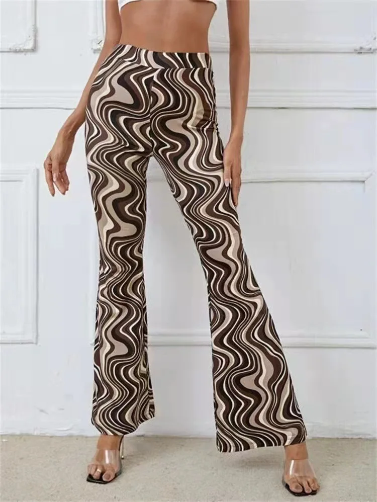 Brown Marble Woven High Waisted Flare Trousers