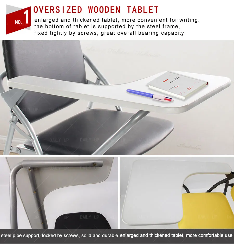 PU Leather padded Seat Folding Chair With Tablet And Book Holder Foldable Office Computer Chair For Meeting Reference Training
