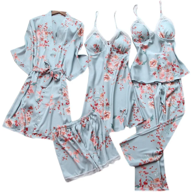 Floral pajamas women's sexy 5pcs ice silk thin nightdress long ladies nightgown