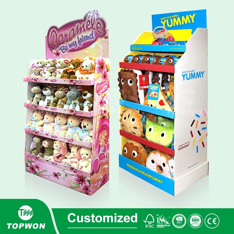 Custom Supermarket Retail Toy Display Rack Cardboard Pop Display Stand Playing Card Cartoon Plush Toys Display Stand
