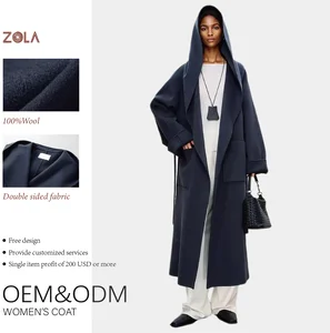 Wholesale Handmade Long Wool Coat Women's Winter Hoodie Belt Closure Eco-Friendly Keep Warm Pockets