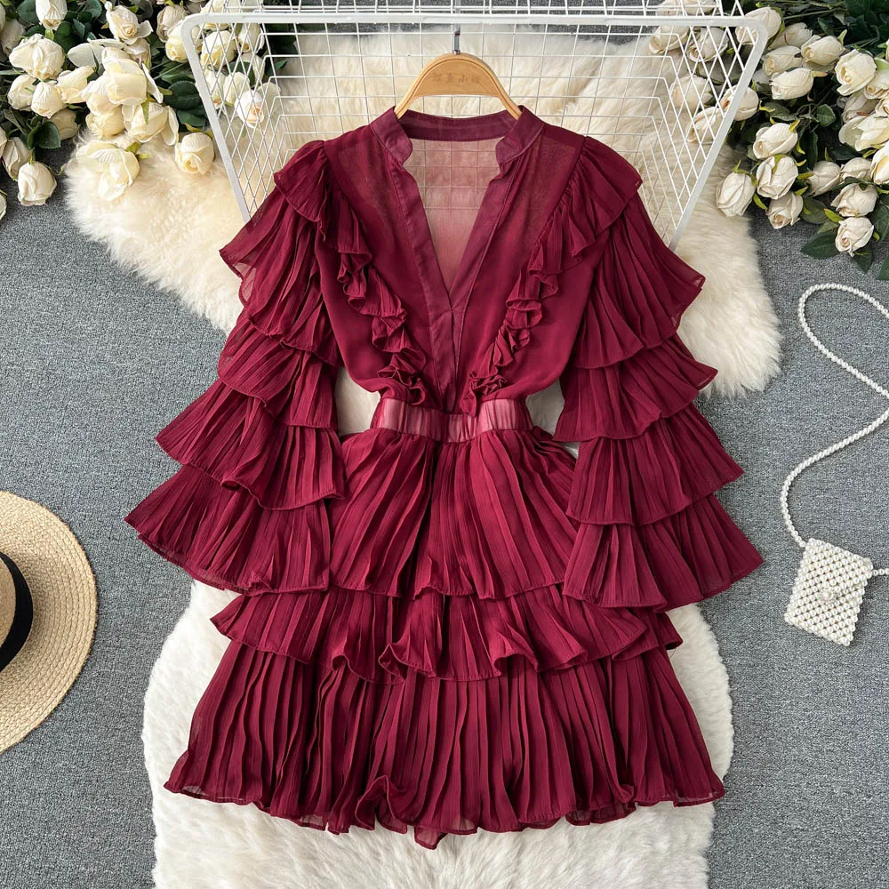 New Style Summer Casual Flutter Sleeve Deep V Neck Tiered Ruffles Belt