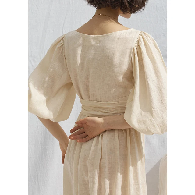 Natural fashion elegant puff sleeve dress cotton ramie dress for women lady - Image 6