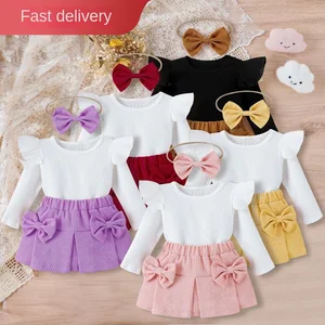 Autumn and Winter Baby Girl Clothes Set Fashion Long Sleeve Top Short Skirt with Headwear 3pcs Romper Sets Clothes for Kids