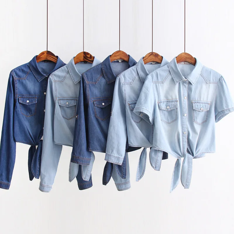 Women's Button-Down Front Shirt With Cuff Sleeves Rolled up Denim Shirt